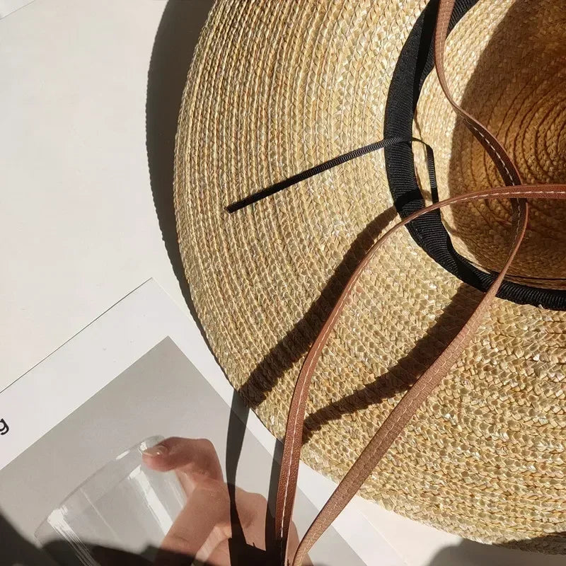 New 2024 Belt Strap Straw Sun Hat For Women Fashion Vacation Beach UV Hats Summer Wide Brim Travel Panama Hats Outdoor Wholesale
