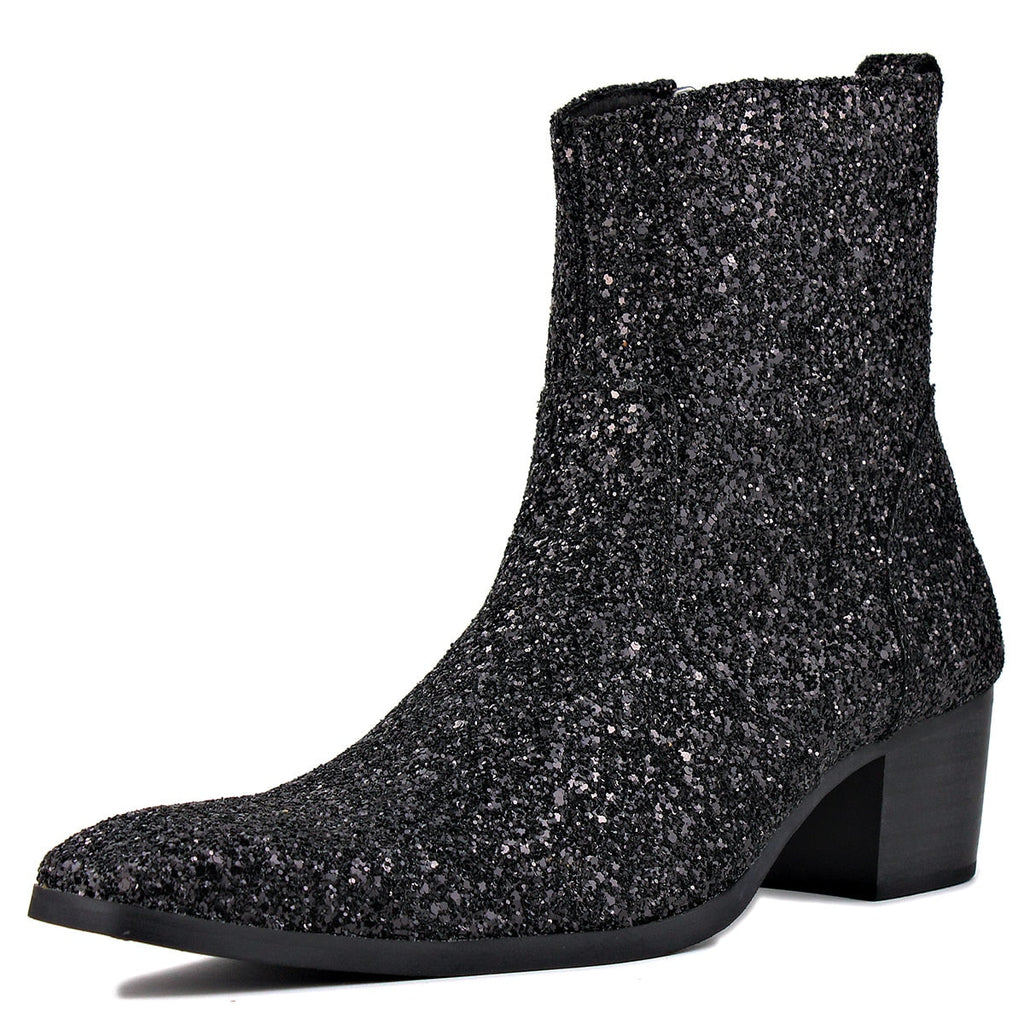 OSSTONE Men Chelsea Ankle Boots Leather Heeled Boots With Side Zipper Cuban Heel Dress Boots Disco Shoes OS-JY022