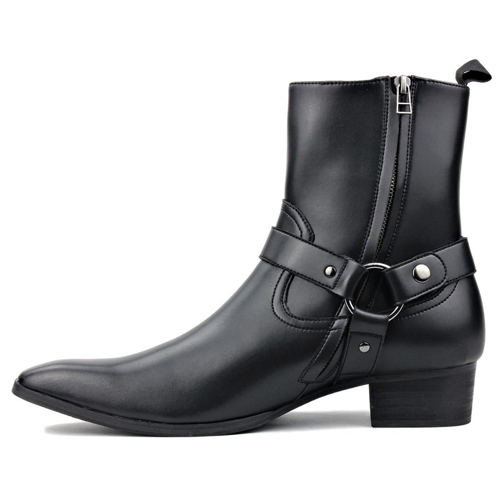 OSSTONE Men Chelsea Ankle Boots Leather Heeled Boots With Side Zipper Cuban Heel Dress Boots Disco Shoes OS-JY015-CQ