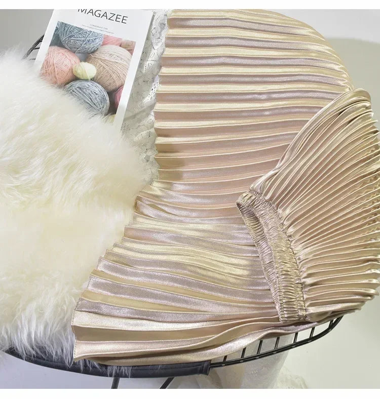 Classic Golden Velvet Pleated Skirt High Waist Retro Style Fashion Office Lady Pleated Long Skirt Winter Velvet Skirt 90cm Long