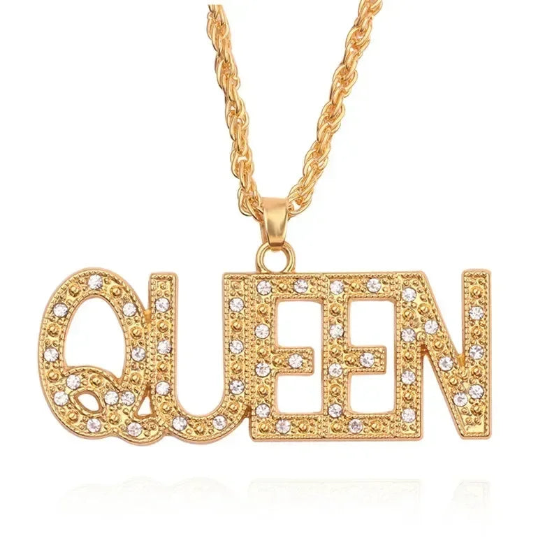 Men Hip Hop Full Rhinestone King Queen Pendants Necklaces Bling Bling Iced Out Cuban Link Chain Hiphop Necklace Men Jewelry Gift