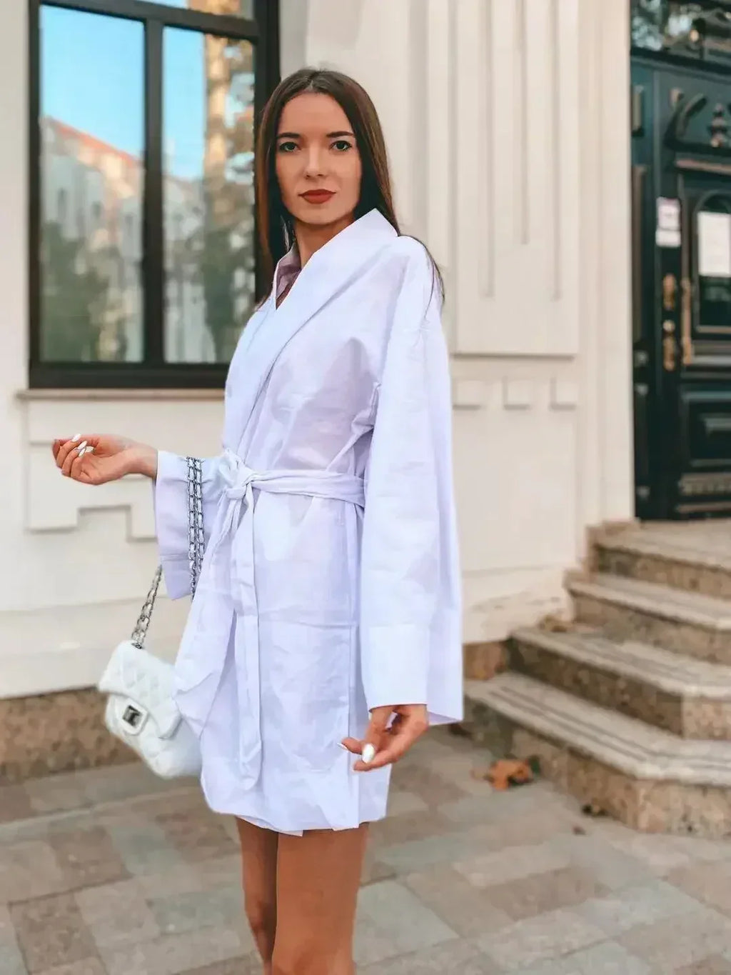 Women's V-Neck Kimono Cardigan Mini Dress Cotton Linen Long Sleeve Sashes Dresses Robe Style Lace Up Summer Loose Vestidos