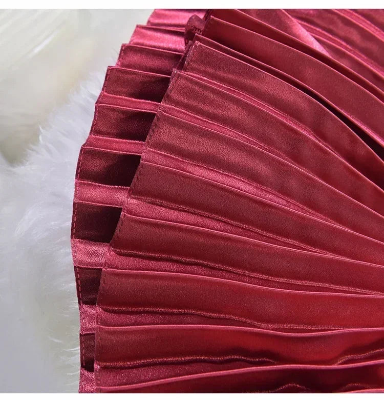 Classic Golden Velvet Pleated Skirt High Waist Retro Style Fashion Office Lady Pleated Long Skirt Winter Velvet Skirt 90cm Long