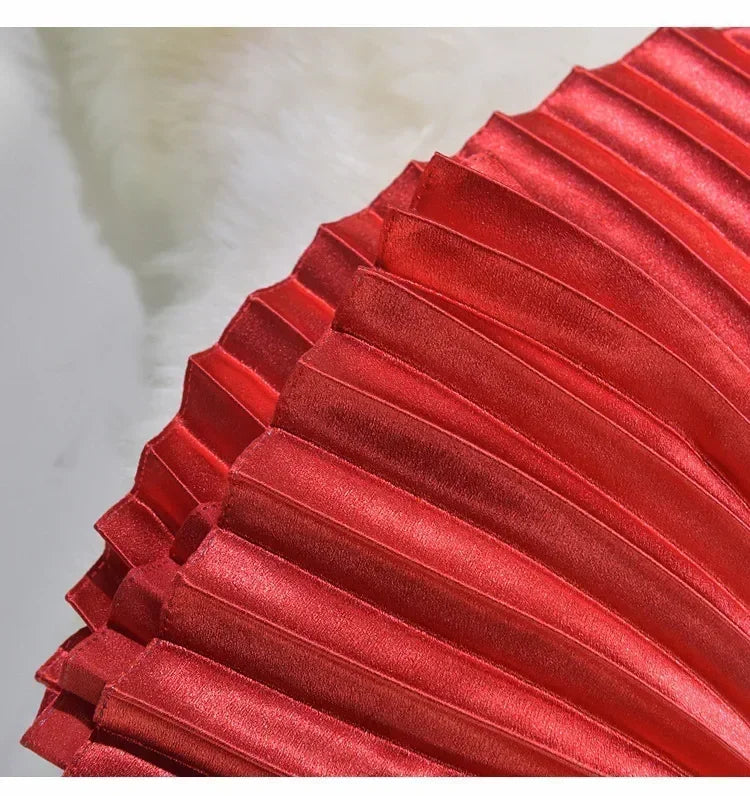 Classic Golden Velvet Pleated Skirt High Waist Retro Style Fashion Office Lady Pleated Long Skirt Winter Velvet Skirt 90cm Long