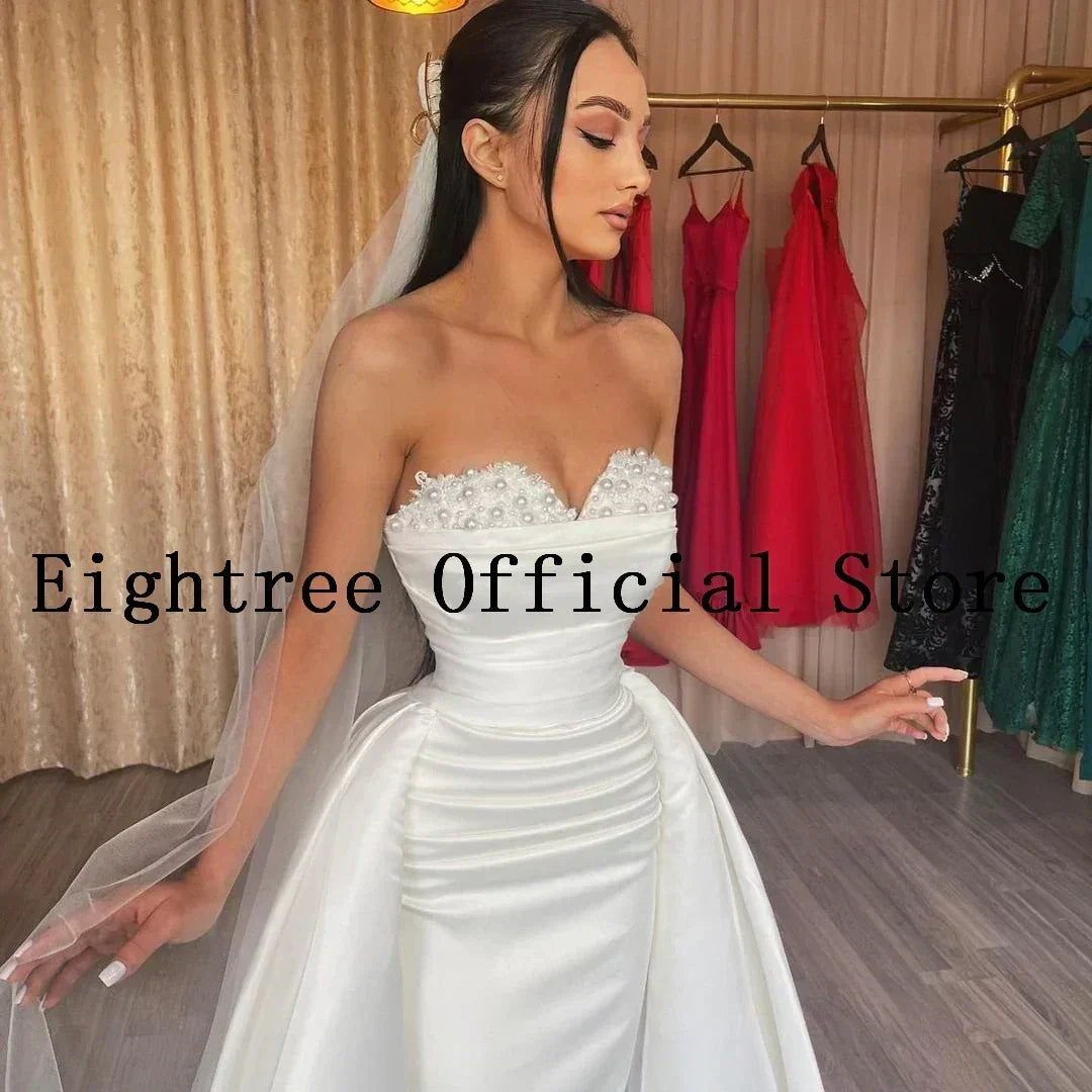 Eightree Sexy White Wedding Dresses Lace Sweetheart Detachable Train Bride Dress Mermaid Satin Wedding Evening Gowns Customized