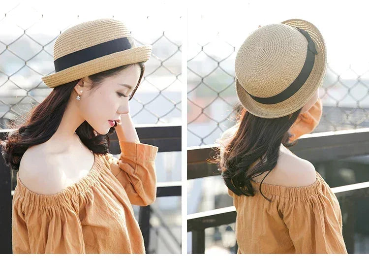 Hats For Women Summer Sun Protection Straw Hat Female Round Top Curled Brim Parent Child Student Sunshade Travel