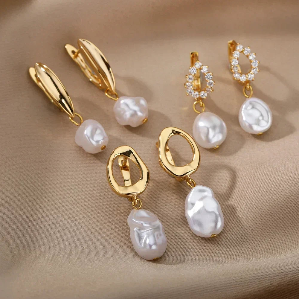 Circle Earrings For Women Vintage Punk Round Baroque Pearl Earrings Stainless Steel Circle Ear Clip Women Jewelry Gift Mujer
