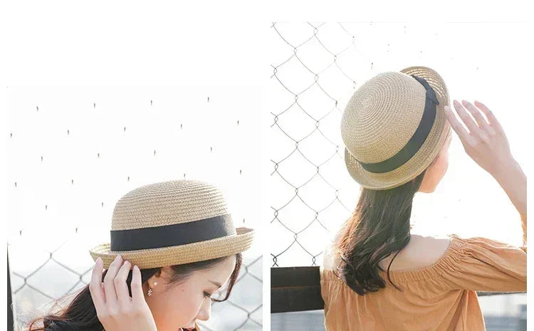 Hats For Women Summer Sun Protection Straw Hat Female Round Top Curled Brim Parent Child Student Sunshade Travel