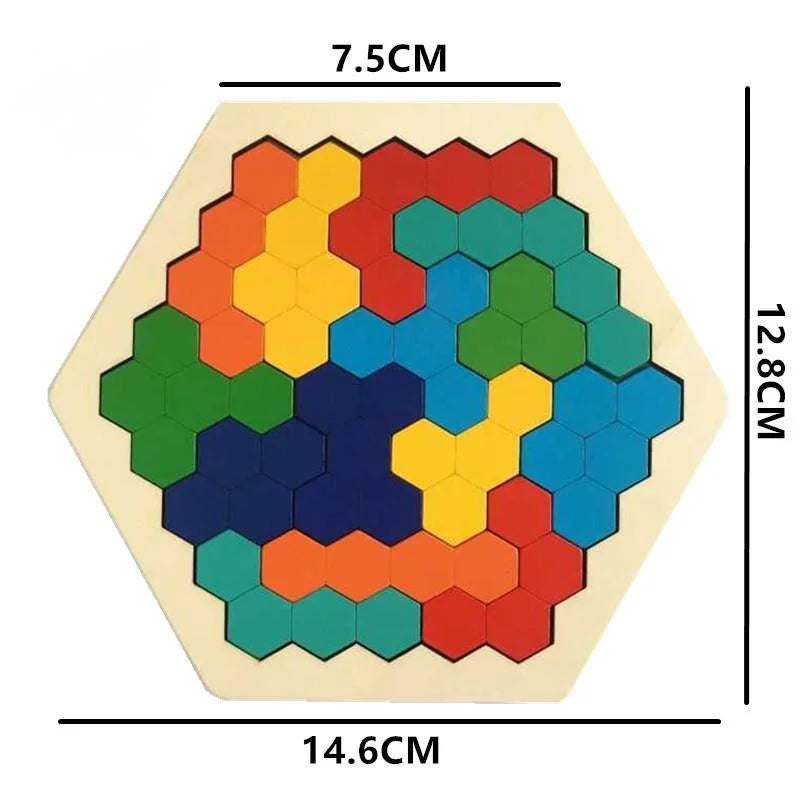 Hexagonal Wooden Puzzles, IQ Game Educational Toy for Children, Kids & Adults, Tangram Board IQ Brain Teaser, Montessori Gift Toy