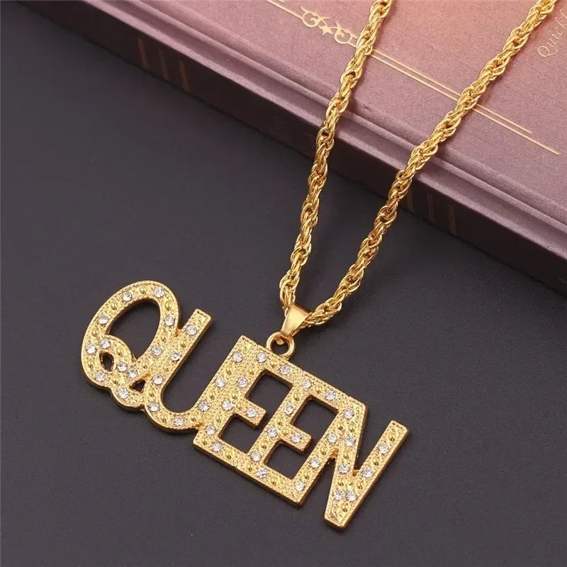 Men Hip Hop Full Rhinestone King Queen Pendants Necklaces Bling Bling Iced Out Cuban Link Chain Hiphop Necklace Men Jewelry Gift
