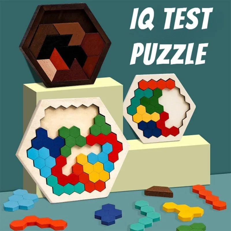 Hexagonal Wooden Puzzles, IQ Game Educational Toy for Children, Kids & Adults, Tangram Board IQ Brain Teaser, Montessori Gift Toy