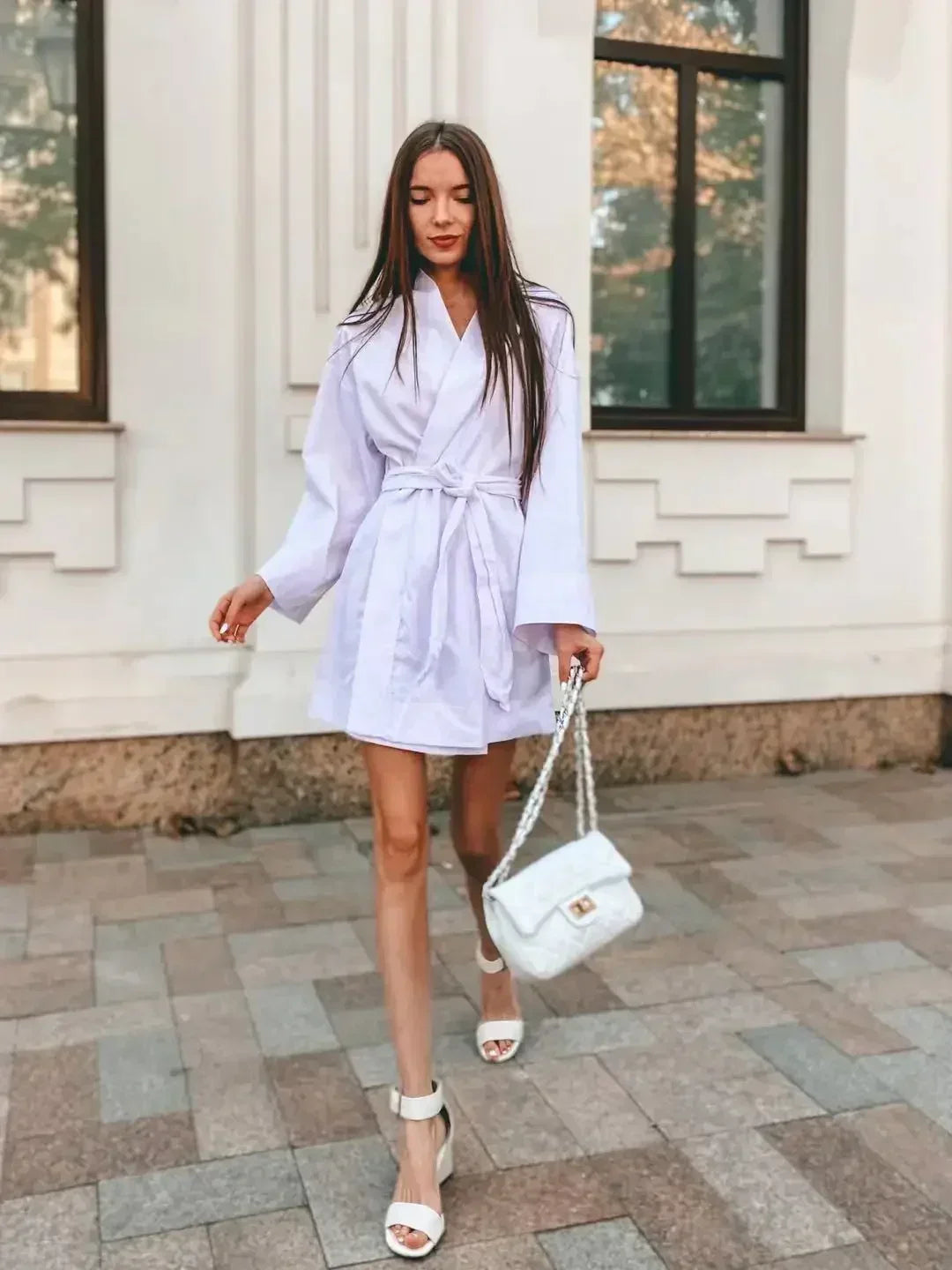 Women's V-Neck Kimono Cardigan Mini Dress Cotton Linen Long Sleeve Sashes Dresses Robe Style Lace Up Summer Loose Vestidos