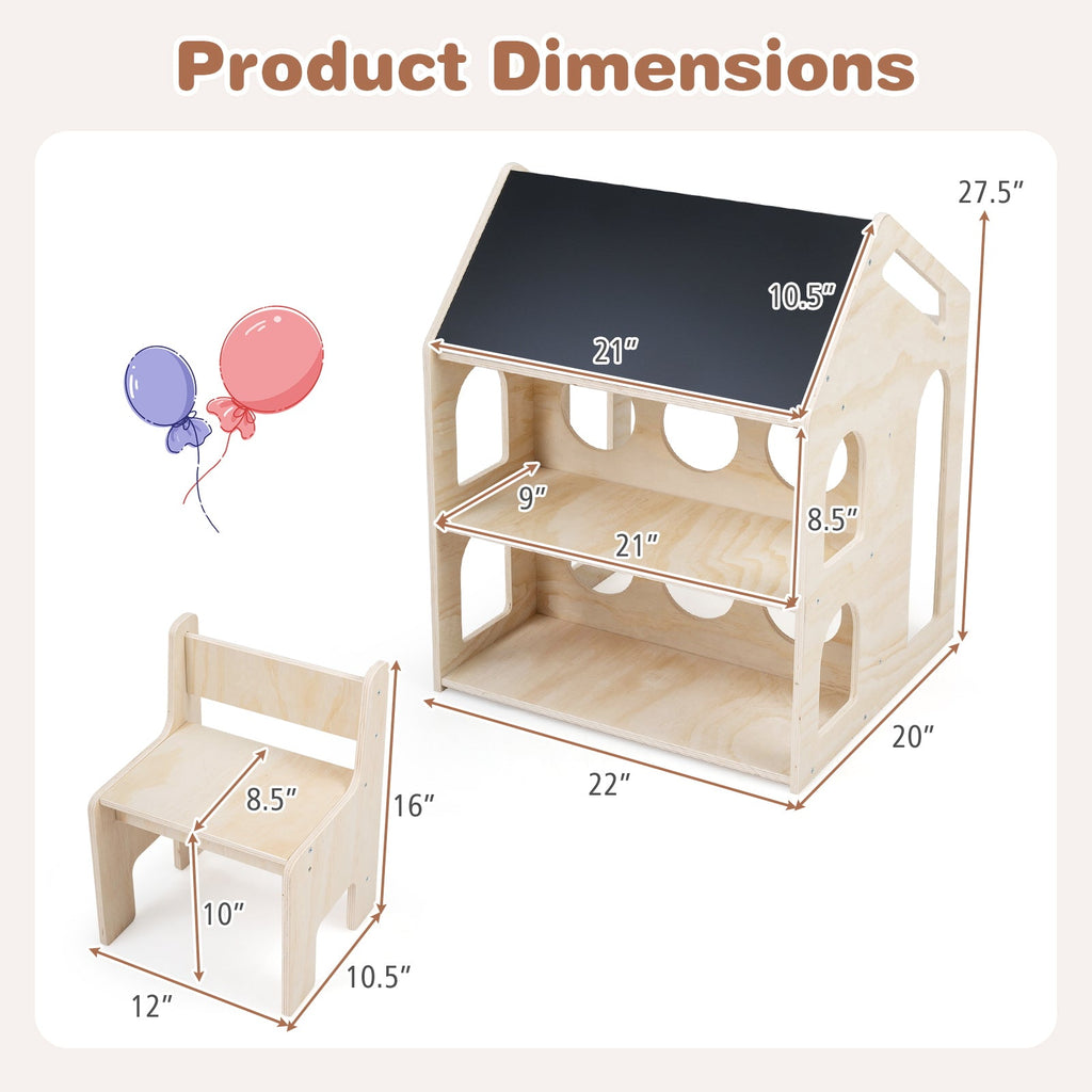 House-shaped Wooden Activity Kids Table Chair Set-Natural
