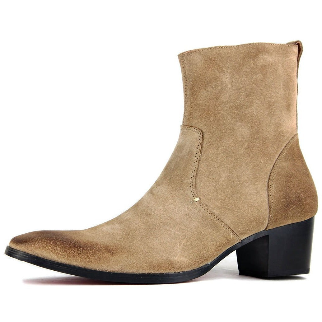 OSSTONE Men Chelsea Ankle Boots Leather Heeled Boots With Side Zipper Cuban Heel Dress Boots Disco Shoes OS-JY002 BEIGE