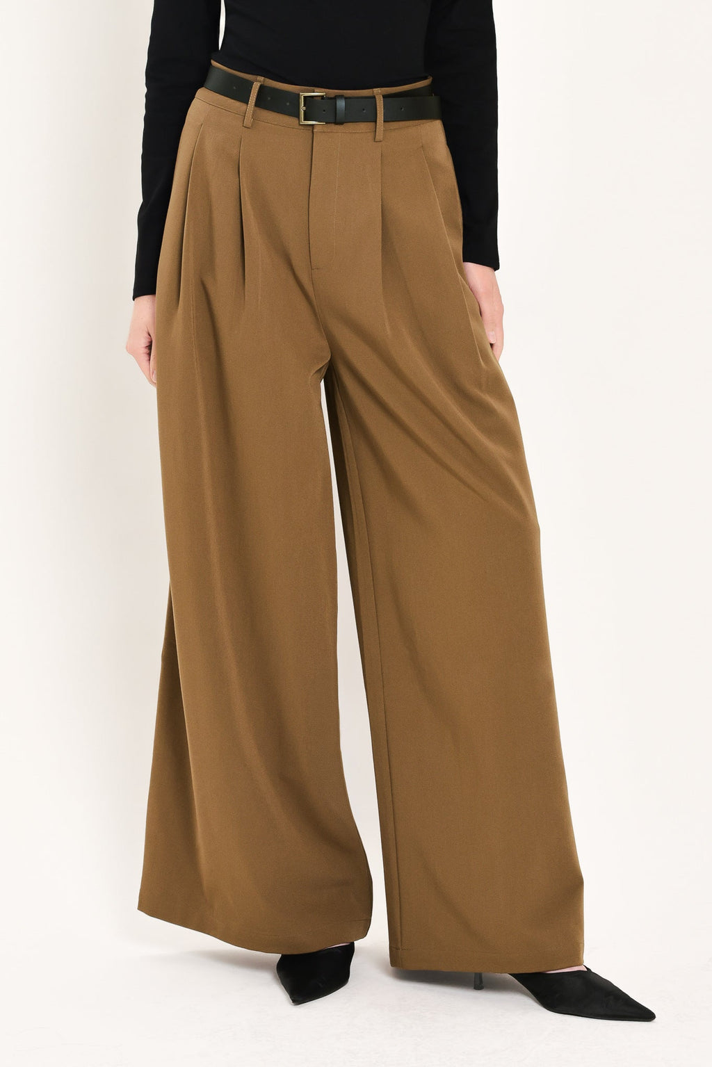 CITY CINCH BLACK/BROWN BELTED WIDE-LEG PANTS