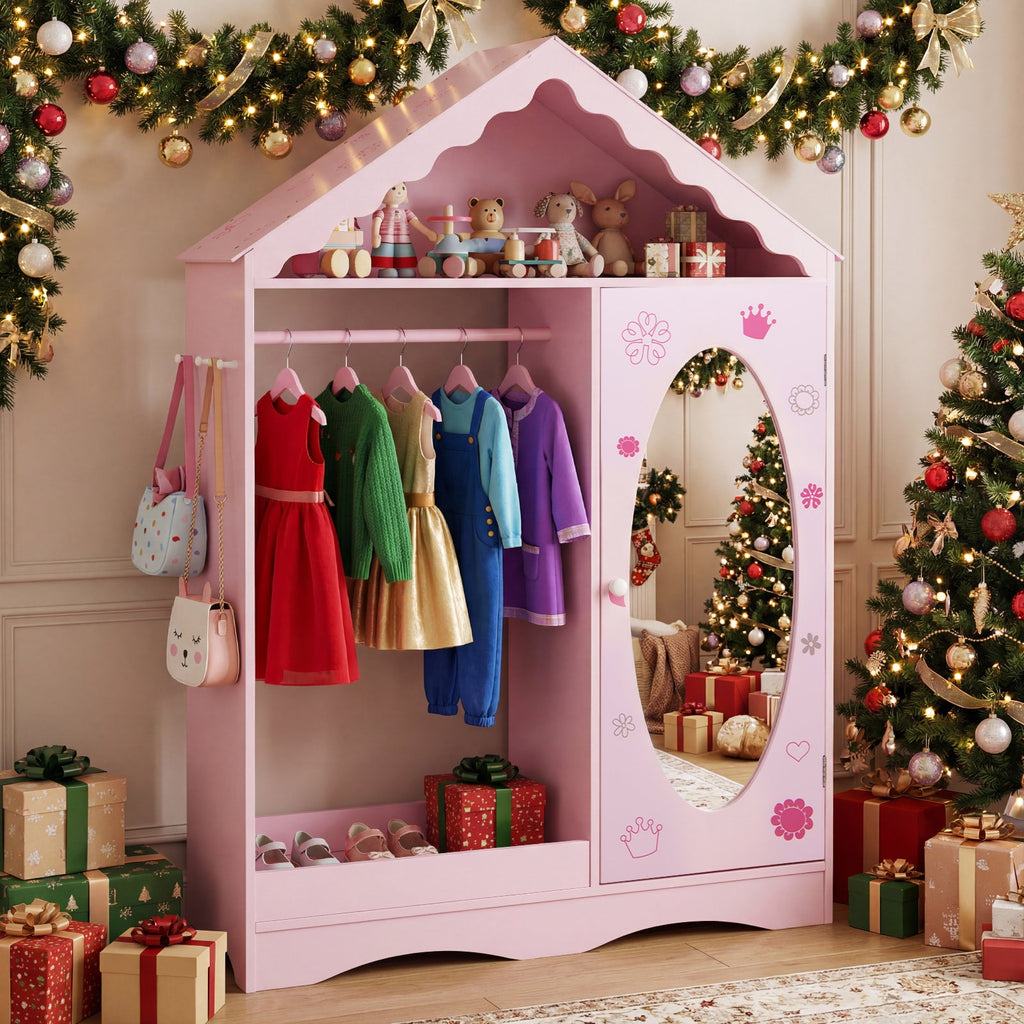 Kids Dress Up Storage with Mirror Roofed Wardrobe Closet with Open Hanging Rack