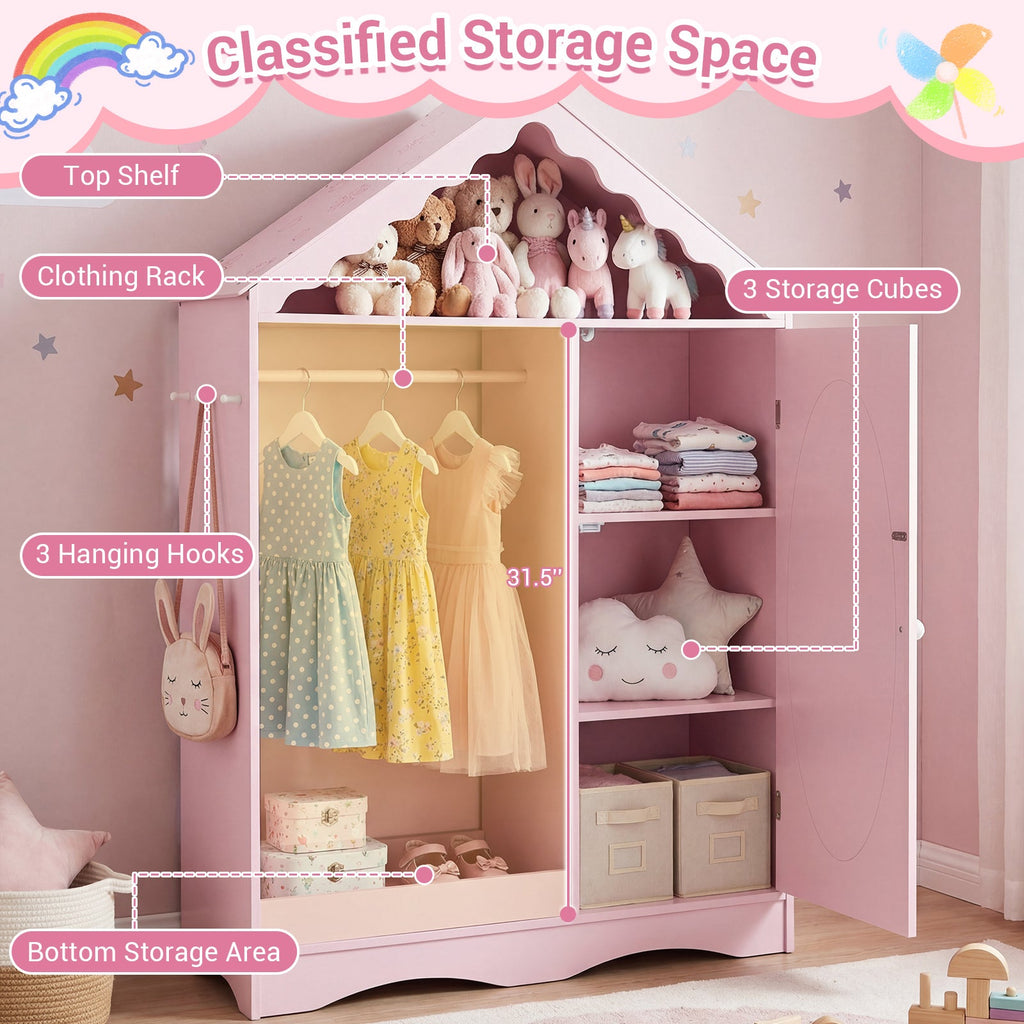 Kids Dress Up Storage with Mirror Roofed Wardrobe Closet with Open Hanging Rack