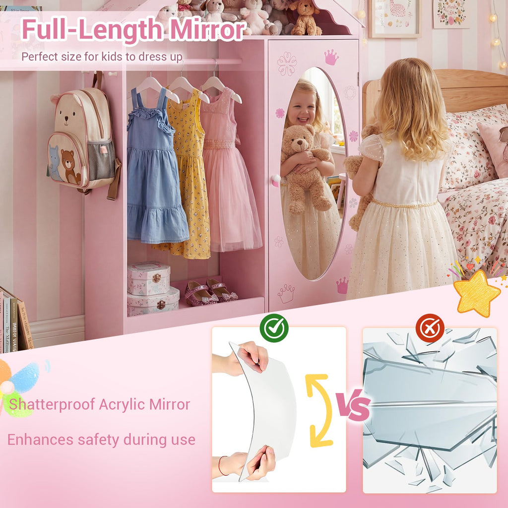 Kids Dress Up Storage with Mirror Roofed Wardrobe Closet with Open Hanging Rack