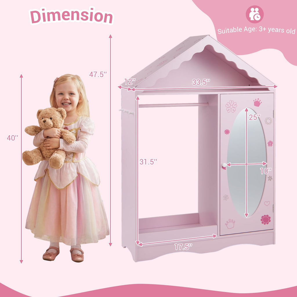 Kids Dress Up Storage with Mirror Roofed Wardrobe Closet with Open Hanging Rack