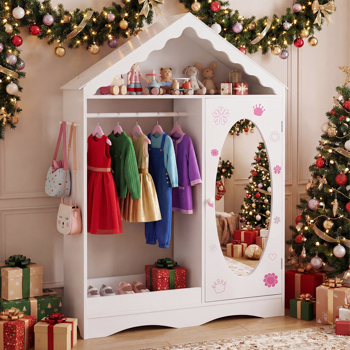 Kids Dress Up Storage with Mirror Roofed Wardrobe Closet with Open Hanging Rack