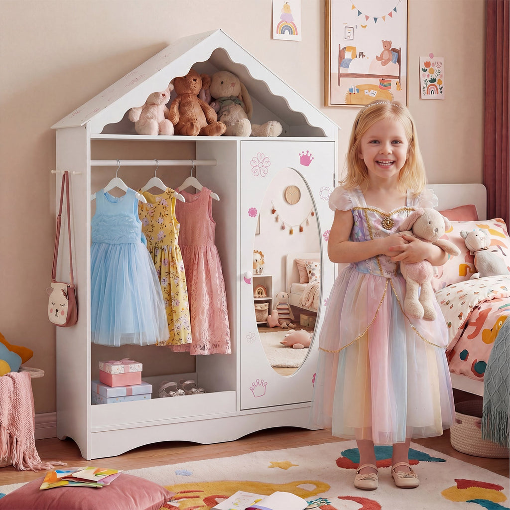 Kids Dress Up Storage with Mirror Roofed Wardrobe Closet with Open Hanging Rack