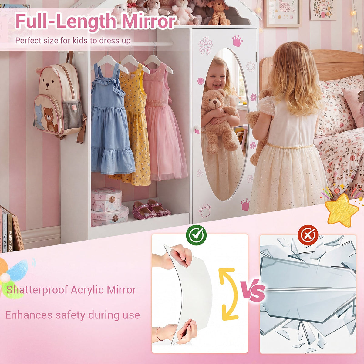 Kids Dress Up Storage with Mirror Roofed Wardrobe Closet with Open Hanging Rack