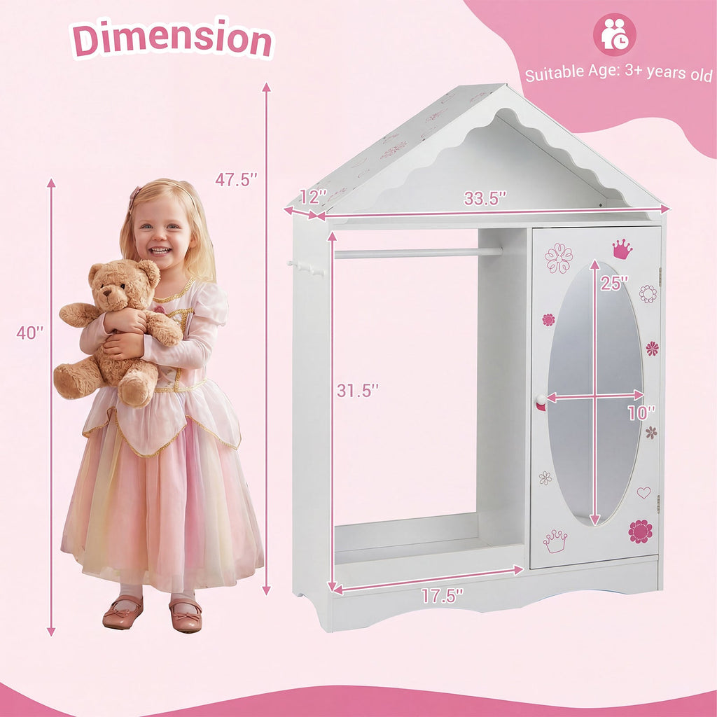 Kids Dress Up Storage with Mirror Roofed Wardrobe Closet with Open Hanging Rack