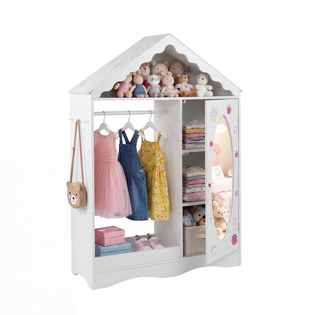 Kids Dress Up Storage with Mirror Roofed Wardrobe Closet with Open Hanging Rack