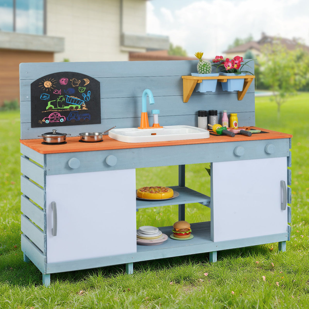 Kids Play Kitchen Set with Stoves for Boys Girls Aged 3-8-Blue