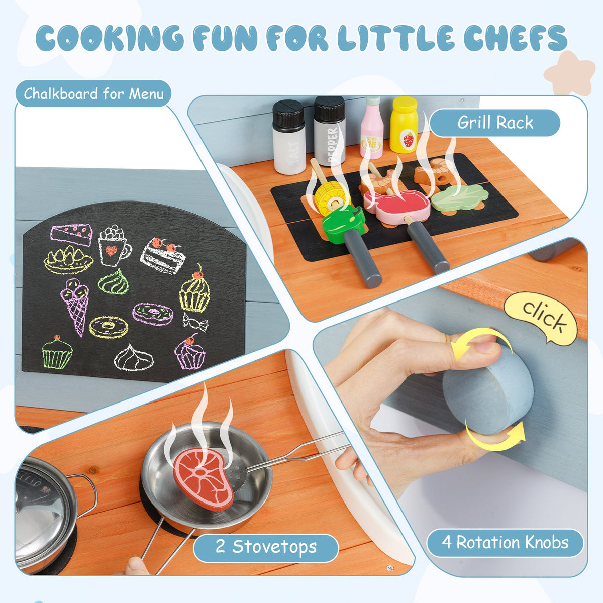 Kids Play Kitchen Set with Stoves for Boys Girls Aged 3-8-Blue