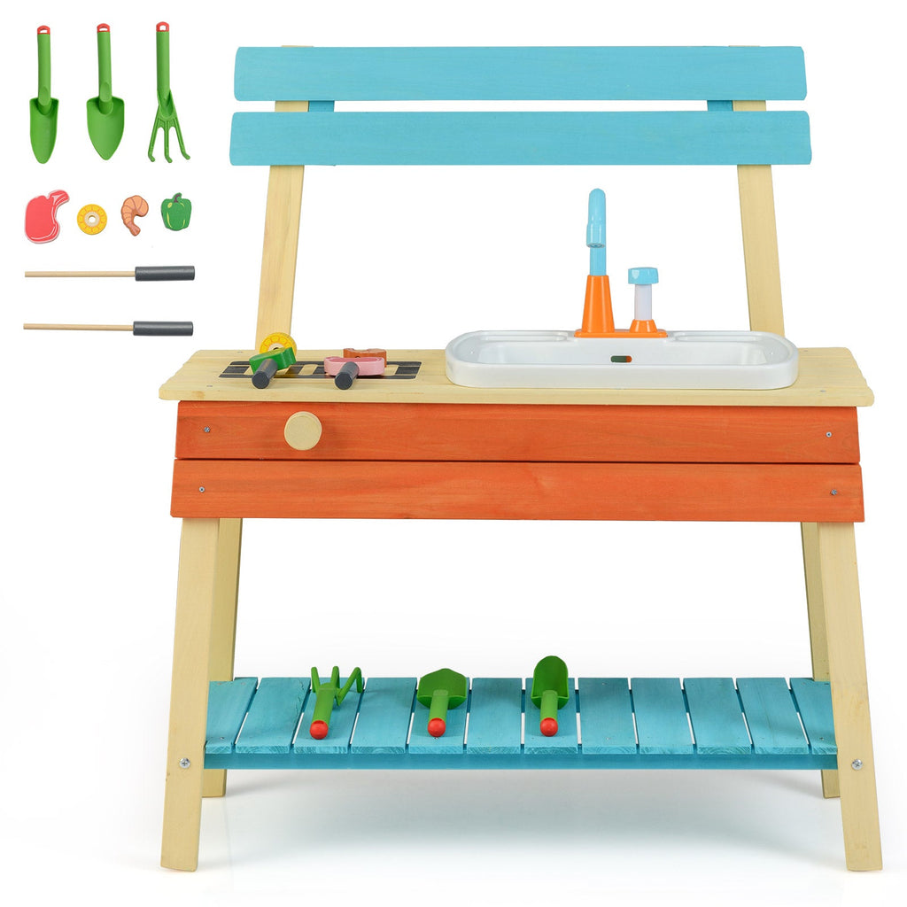 Kids Play Kitchen Set Wooden Kitchen Playset Chef Pretend Mud Kitchen-Blue