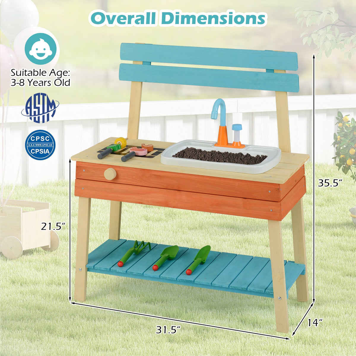 Kids Play Kitchen Set Wooden Kitchen Playset Chef Pretend Mud Kitchen-Blue