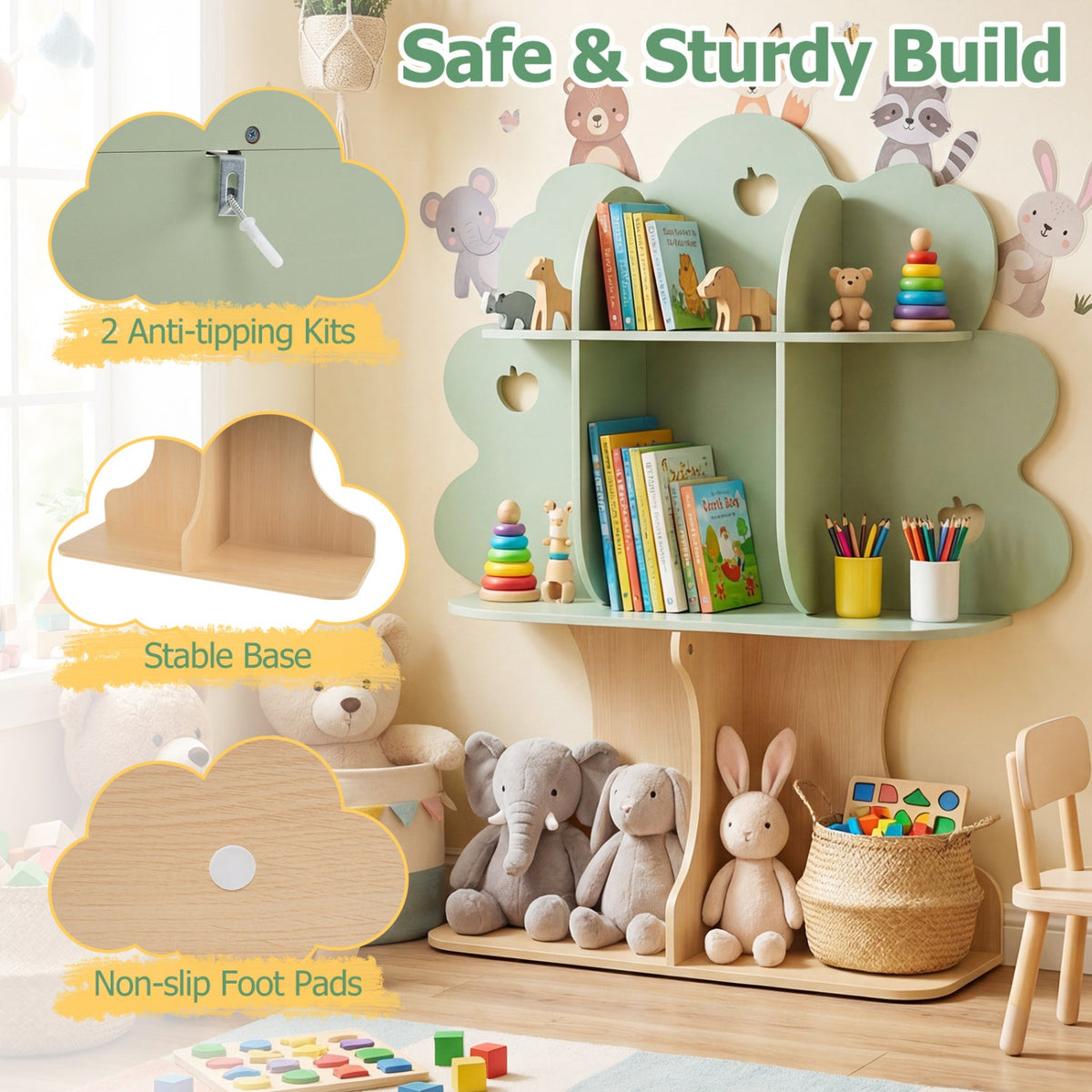 Kids Tree Bookshelf 45" Tall Freestanding Bookcase with Open Shelves-Green