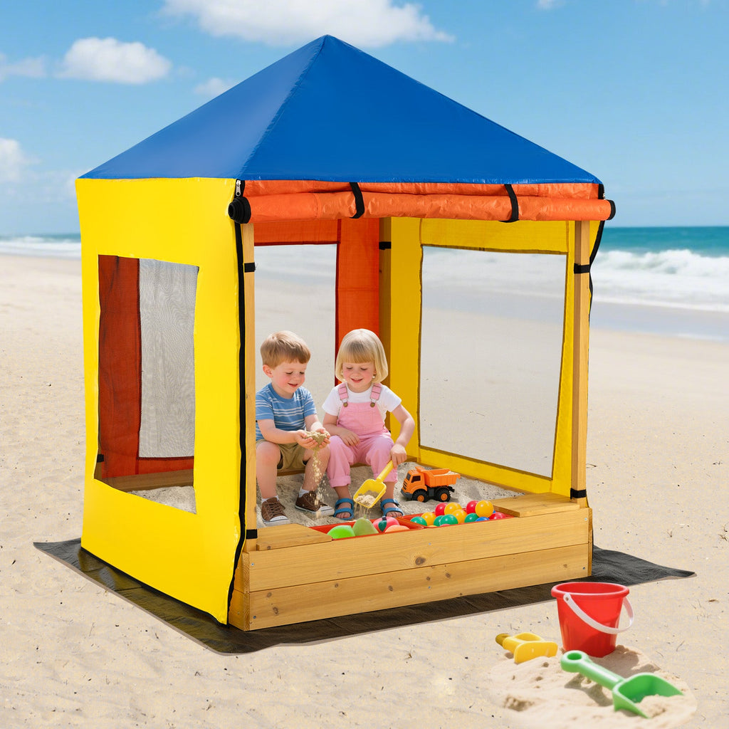 Kids Wooden Sandbox with Canopy Large Sand Pit with Mesh Windows and Bottom Liner-Multicolor