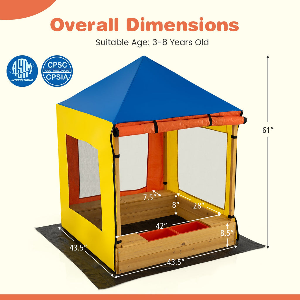 Kids Wooden Sandbox with Canopy Large Sand Pit with Mesh Windows and Bottom Liner-Multicolor
