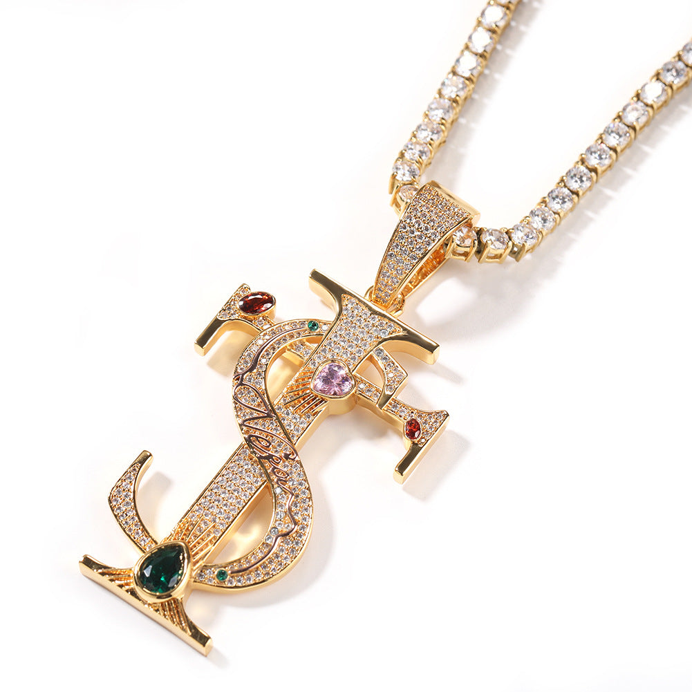 Hip-hop colored zircon TS cross necklace