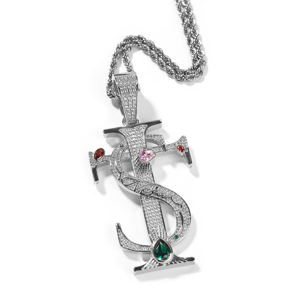 Hip-hop colored zircon TS cross necklace