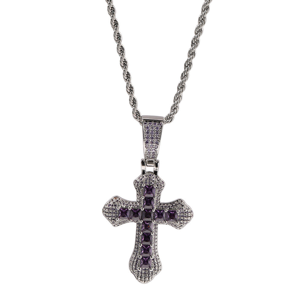 Hip-hop copper-inlaid purple zircon cross necklace