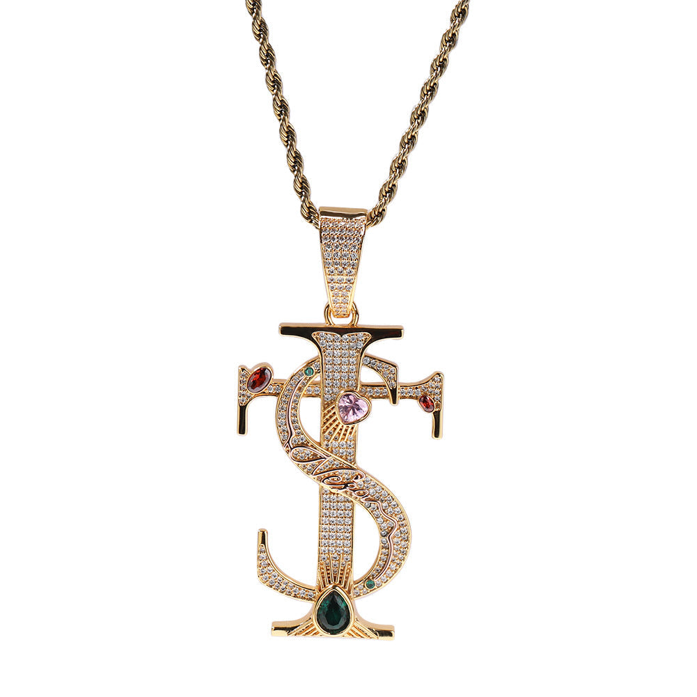 Hip-hop colored zircon TS cross necklace