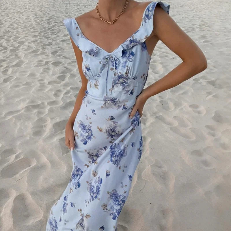 Yellow Floral Maxi Dress | Retro V-Neck Summer Party Gown -femstylo