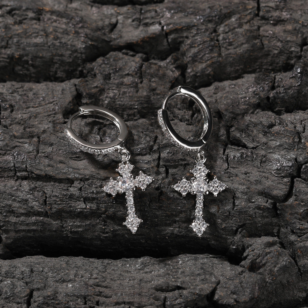 Hip-hop cubic zirconia cross earrings