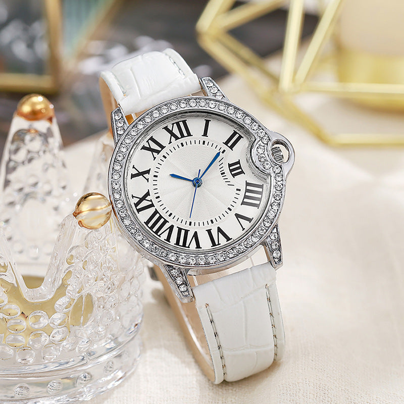 Fashion Diamond-Encrusted Women's Quartz Watch with Leather Strap
