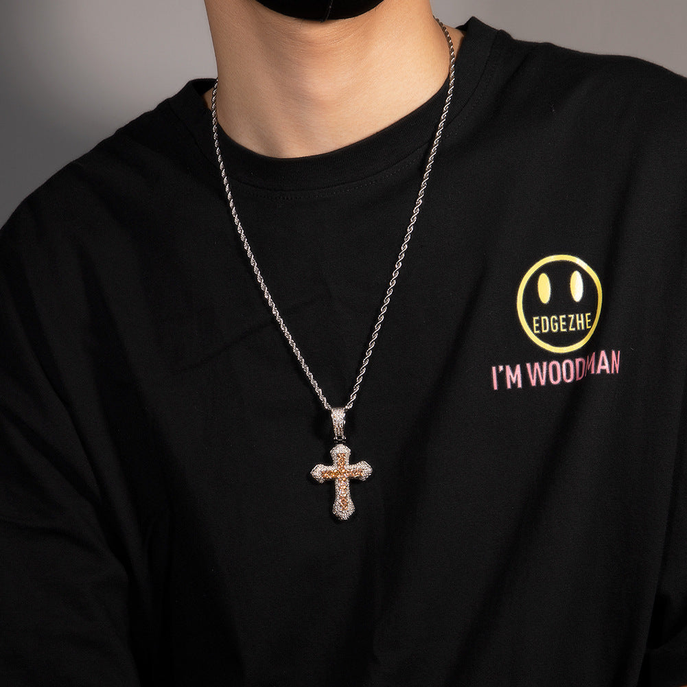 Hip-hop copper-inlaid purple zircon cross necklace