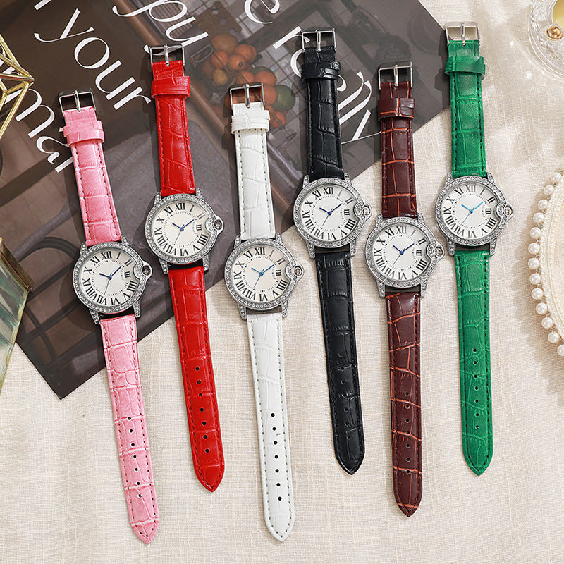 Fashion Diamond-Encrusted Women's Quartz Watch with Leather Strap