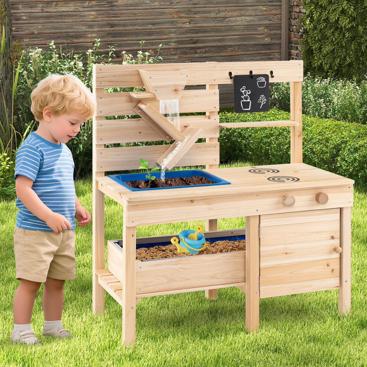 Outdoor Play Pretend Kitchen with Detachable Sandbox and Removable Sink-Natural