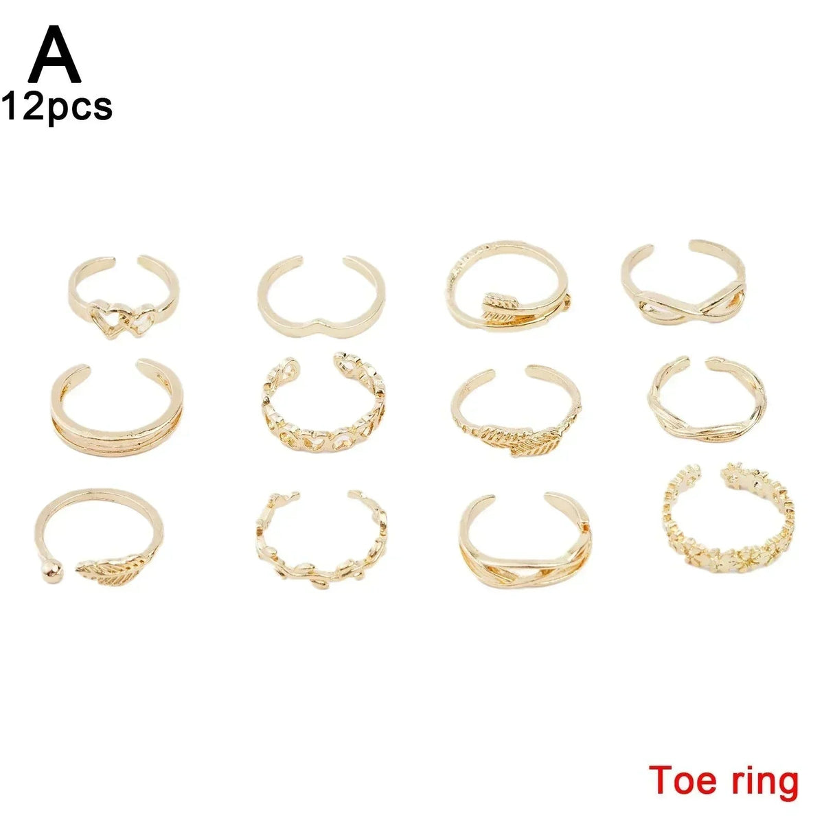 12pcs Adjustable Toe Rings For Women Girls Simple Beach Open Toe Set Cute Heart Feather Summer Toe Foot Jewelry