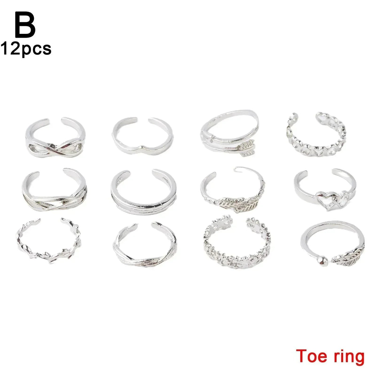 12pcs Adjustable Toe Rings For Women Girls Simple Beach Open Toe Set Cute Heart Feather Summer Toe Foot Jewelry