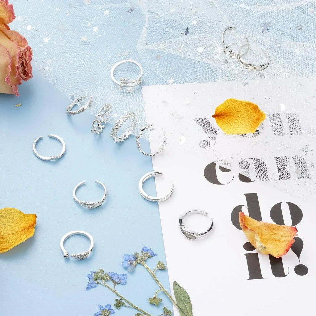 12pcs Adjustable Toe Rings For Women Girls Simple Beach Open Toe Set Cute Heart Feather Summer Toe Foot Jewelry