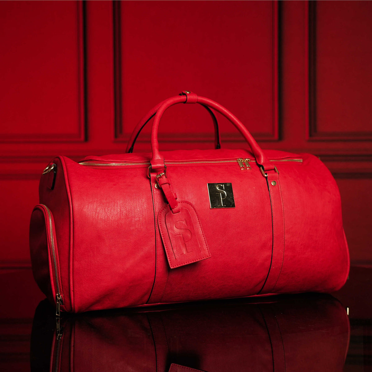 Red Tumbled Leather Weekender Duffle Bag