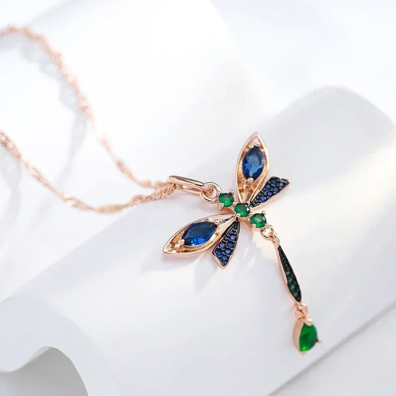 Kinel Hot Blue Natural Zircon Dragonfly Pendant Necklace For Women 585 Rose Gold and Black Plating Vintage Daily Fine Jewelry